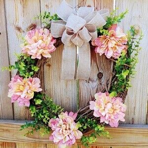 Hand Crafted Peach/Pink Floral & Greenery Grapevine Wreath 20" Burlap Ribbon